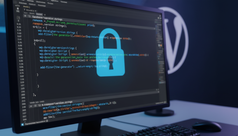 Snippets de código PHP em um editor, com um cadeado digital, representando a remoção da versão do WordPress para segurança.