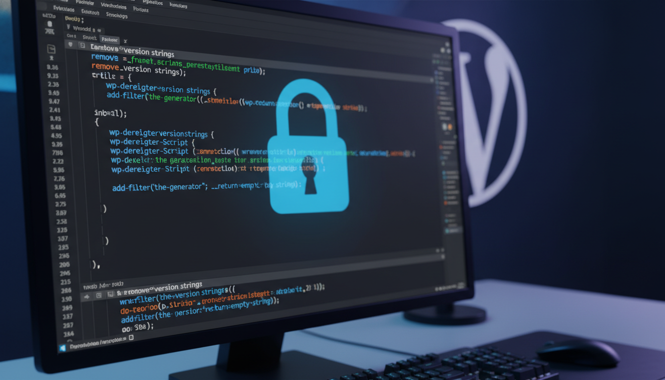 Snippets de código PHP em um editor, com um cadeado digital, representando a remoção da versão do WordPress para segurança.