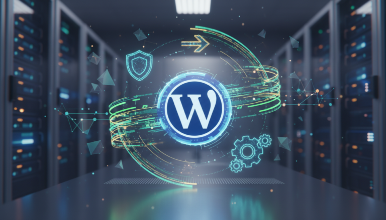 Ilustração de snippets de código em torno do logo WordPress, simbolizando otimização e personalização.