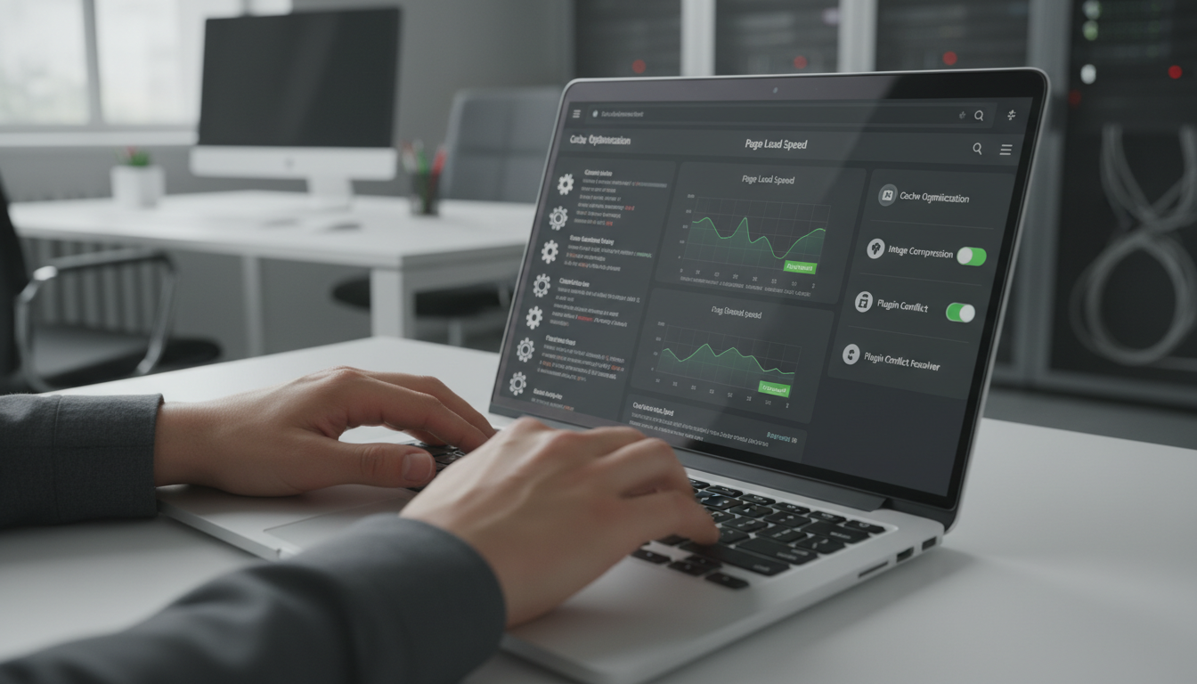 Mãos digitando em teclado de laptop com tela mostrando configurações do WP Rocket ou interface de depuração de site.
