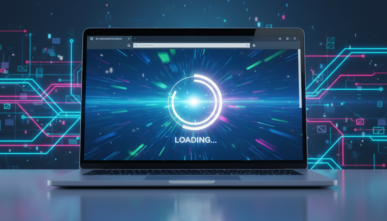 Tela de laptop com site carregando rapidamente, representando o Speed Optimizer 7.7.7 e suas novidades em otimização de velocidade para web.