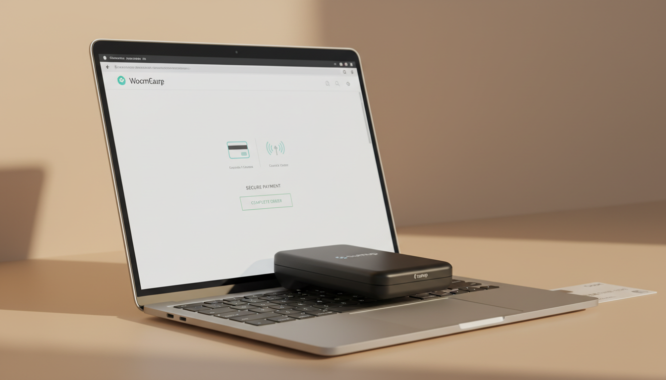 SumUp Payment Gateway For WooCommerce 2.7.10 em ação, com leitor de cartão e tela de checkout otimizada