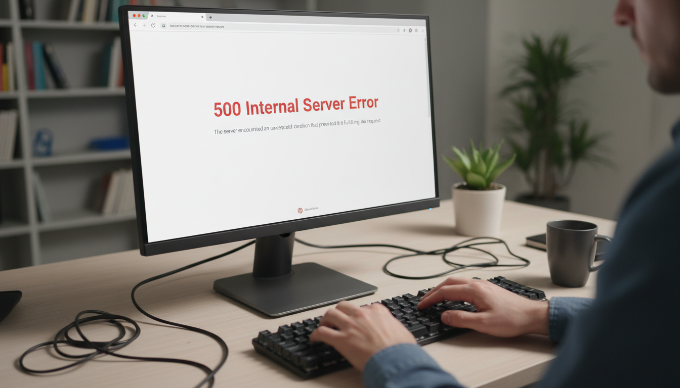 Erro 500 Interno no WordPress na tela, mãos digitando