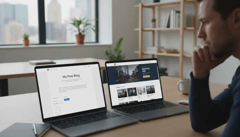 Comparação visual de temas WordPress gratuitos e premium, decisão de investimento em tema profissional.
