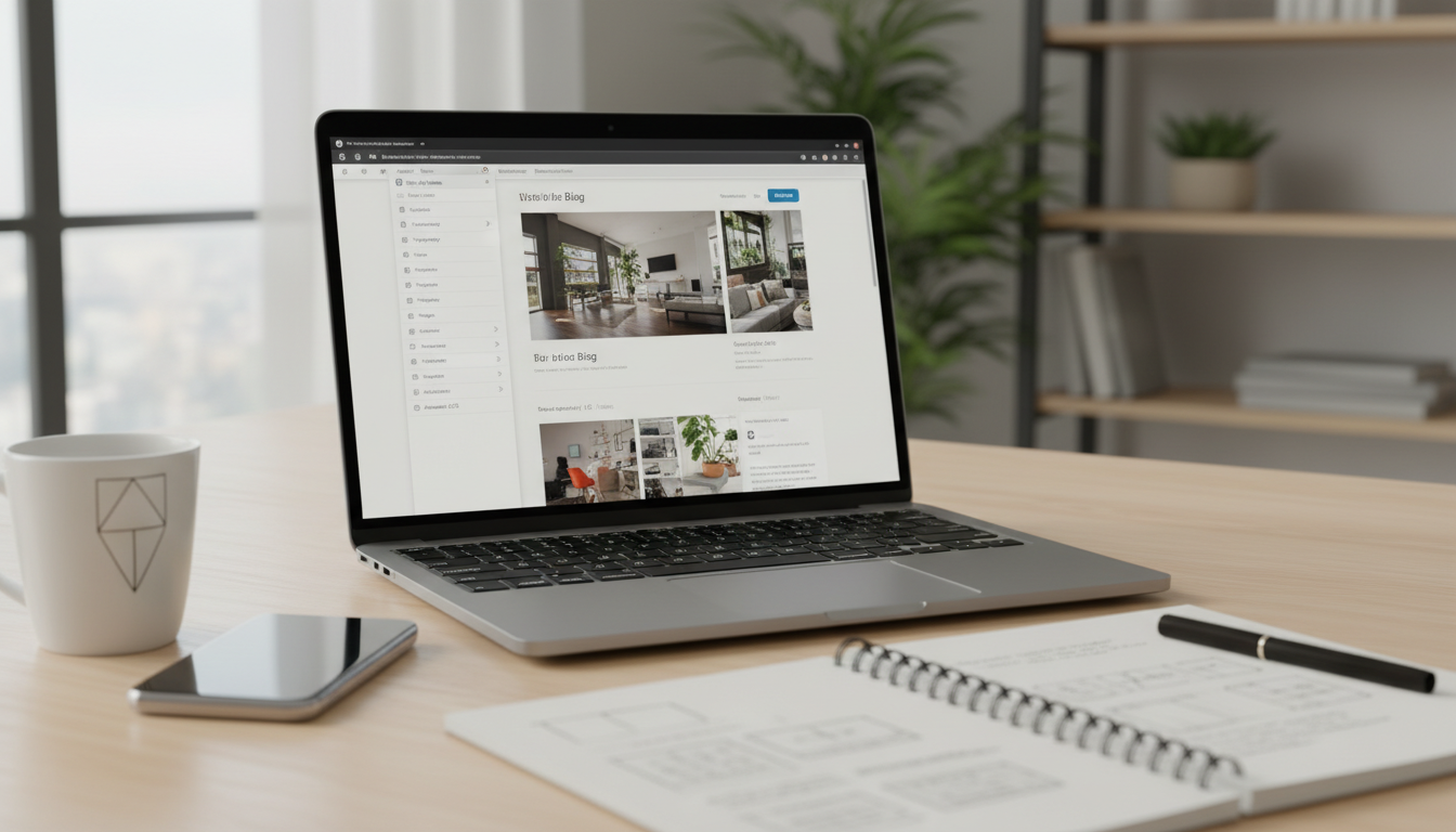 Tela de computador exibindo painel WordPress e tema em teste, com notas sobre otimização e compatibilidade.