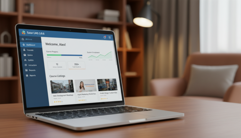 Dashboard do Tutor LMS 3.9.6 com cursos e progresso do aluno