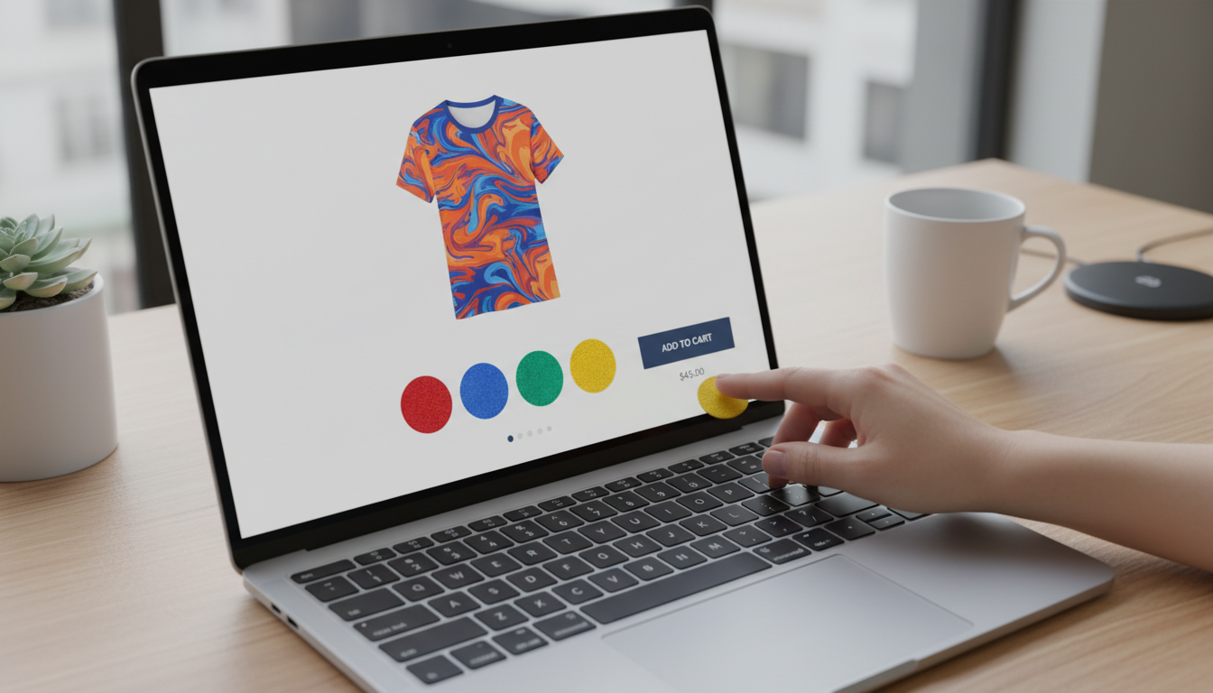 Tela de laptop mostrando loja WooCommerce com Variation Swatches 2.2.6, exibindo amostras de cores de camisetas interativas.