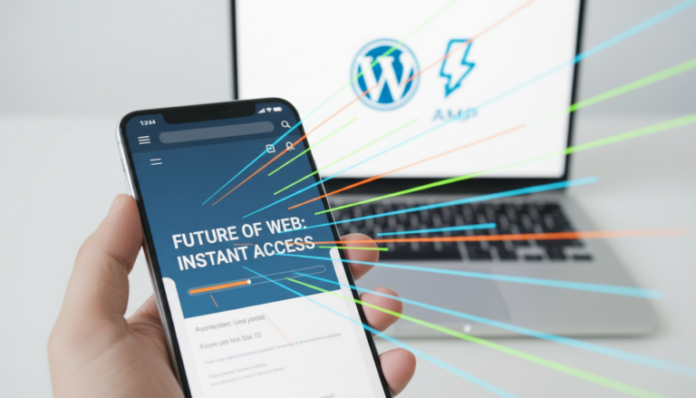 Smartphone com página rápida, ícones WordPress e AMP, otimização de site móvel