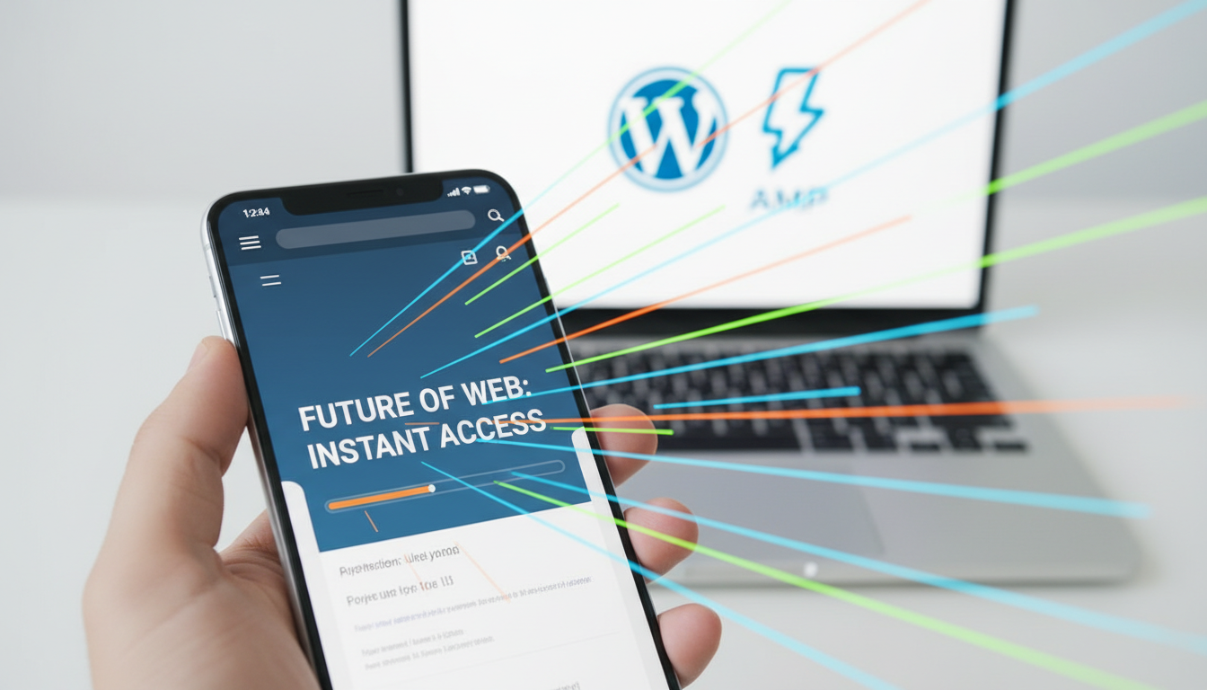 Smartphone com página rápida, ícones WordPress e AMP, otimização de site móvel