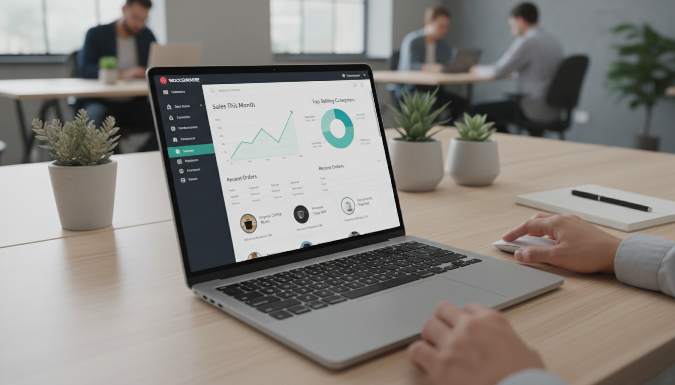 Captura de tela do Painel de Controle do WooCommerce em um laptop, mostrando o dashboard de e-commerce