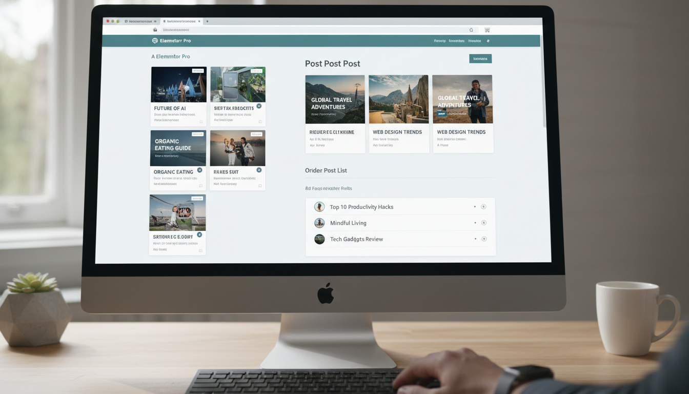 Exemplo de uso dos widgets de postagem do Elementor PRO: grid, carrossel e lista de posts em um design responsivo.