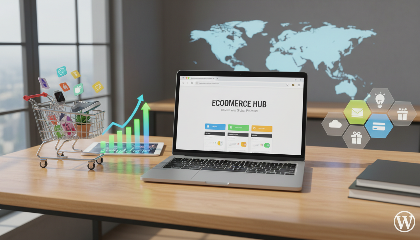 Interface de loja online WooCommerce em laptop com elementos de crescimento e e-commerce