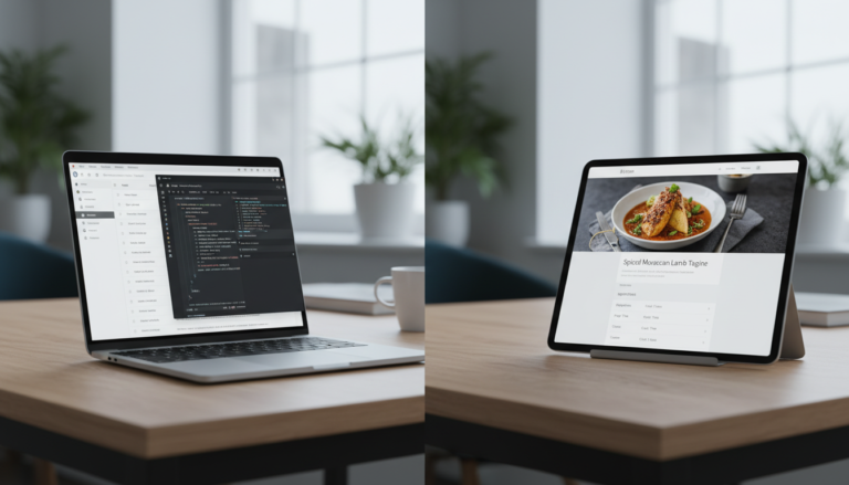 Tela de laptop com código PHP de snippets WordPress e um site com conteúdo personalizado, representando a criação de tipos de posts personalizados.