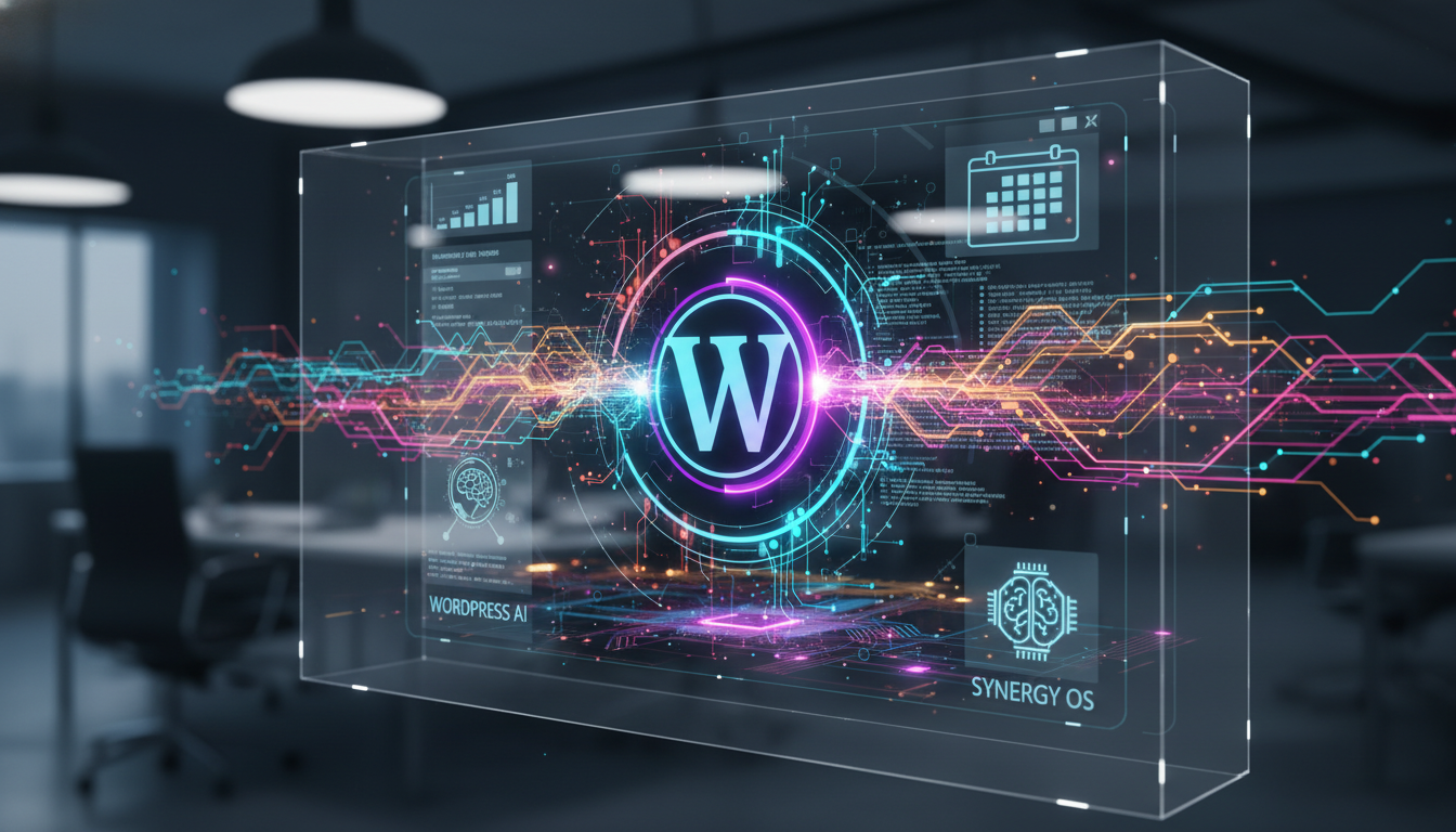 Representação visual da fusão de WordPress com Inteligência Artificial, mostrando novas possibilidades na criação e gestão de sites