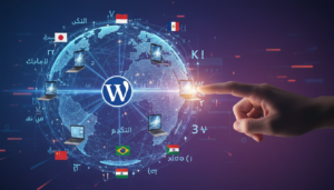 Globo digital com símbolos de idiomas e logo WordPress, representando temas WordPress multilíngues para alcance global