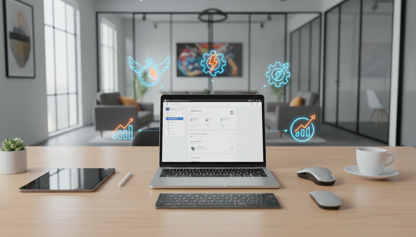 Profissional usando WordPress para acelerar fluxo de trabalho com ferramentas essenciais e otimização