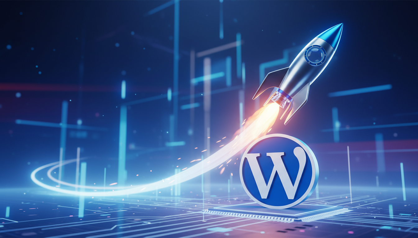 Foguete decolando do logo WordPress, simbolizando a velocidade do WP Rocket