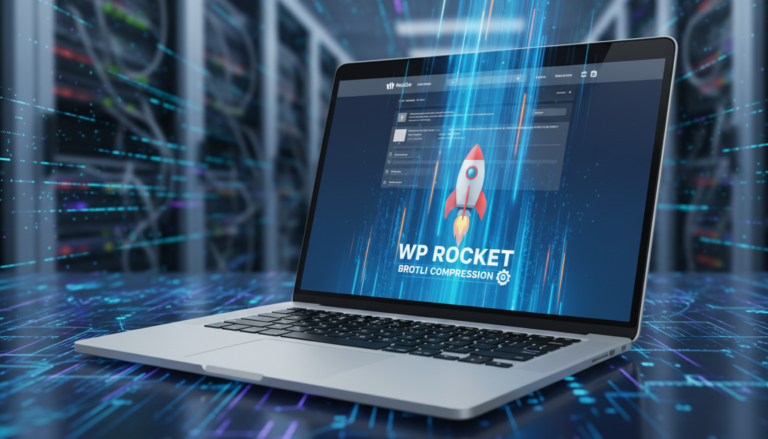 Ícone do WP Rocket e Brotli em tela de computador, simbolizando compressão e velocidade do site.