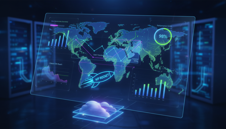 Gráfico de desempenho de site global com ícone do WP Rocket e rede CDN