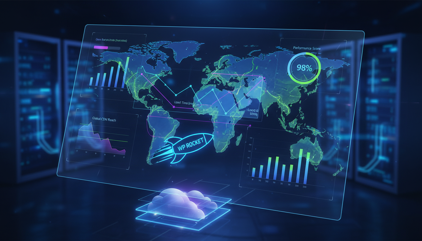 Gráfico de desempenho de site global com ícone do WP Rocket e rede CDN