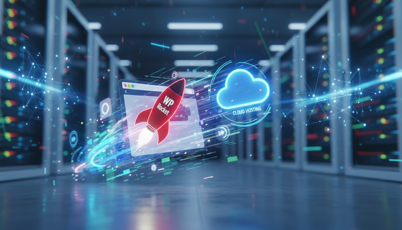 Ícone WP Rocket e nuvem de hospedagem gerenciada em um ambiente digital rápido