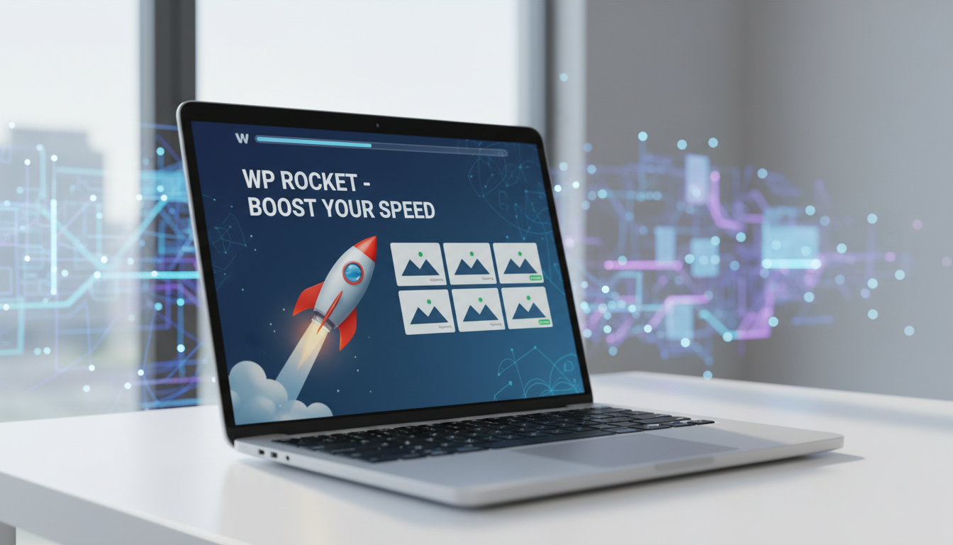 Laptop exibindo um site WordPress rápido com o ícone do WP Rocket e imagens otimizadas