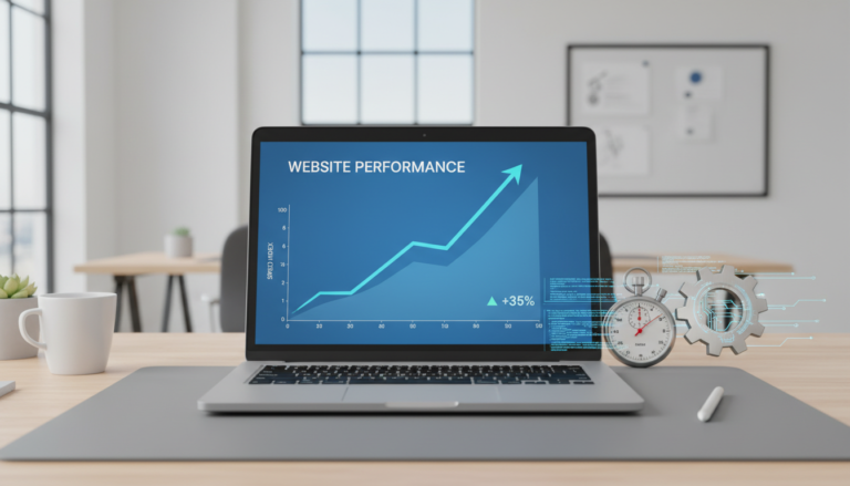 Gráfico de desempenho de site mostrando aumento de velocidade e ícones de otimização, representando o Autoptimize 3.1.15.