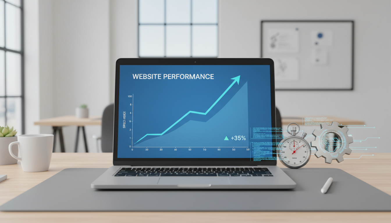 Gráfico de desempenho de site mostrando aumento de velocidade e ícones de otimização, representando o Autoptimize 3.1.15.