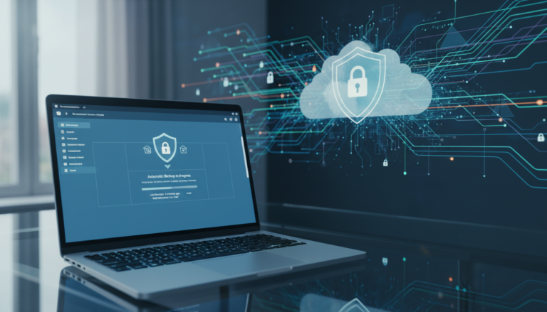 Tela de computador exibindo backup do WordPress, proteção de dados e nuvem de armazenamento.