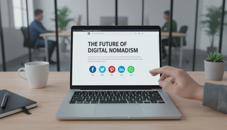 Tela de laptop exibindo um site WordPress com botões de compartilhamento social para Facebook, Twitter, LinkedIn, Pinterest e WhatsApp