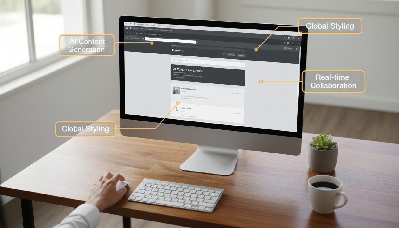Interface do Brizy – Page Builder 2.8.5 com novidades e melhorias, tela de computador sendo utilizada por um designer.