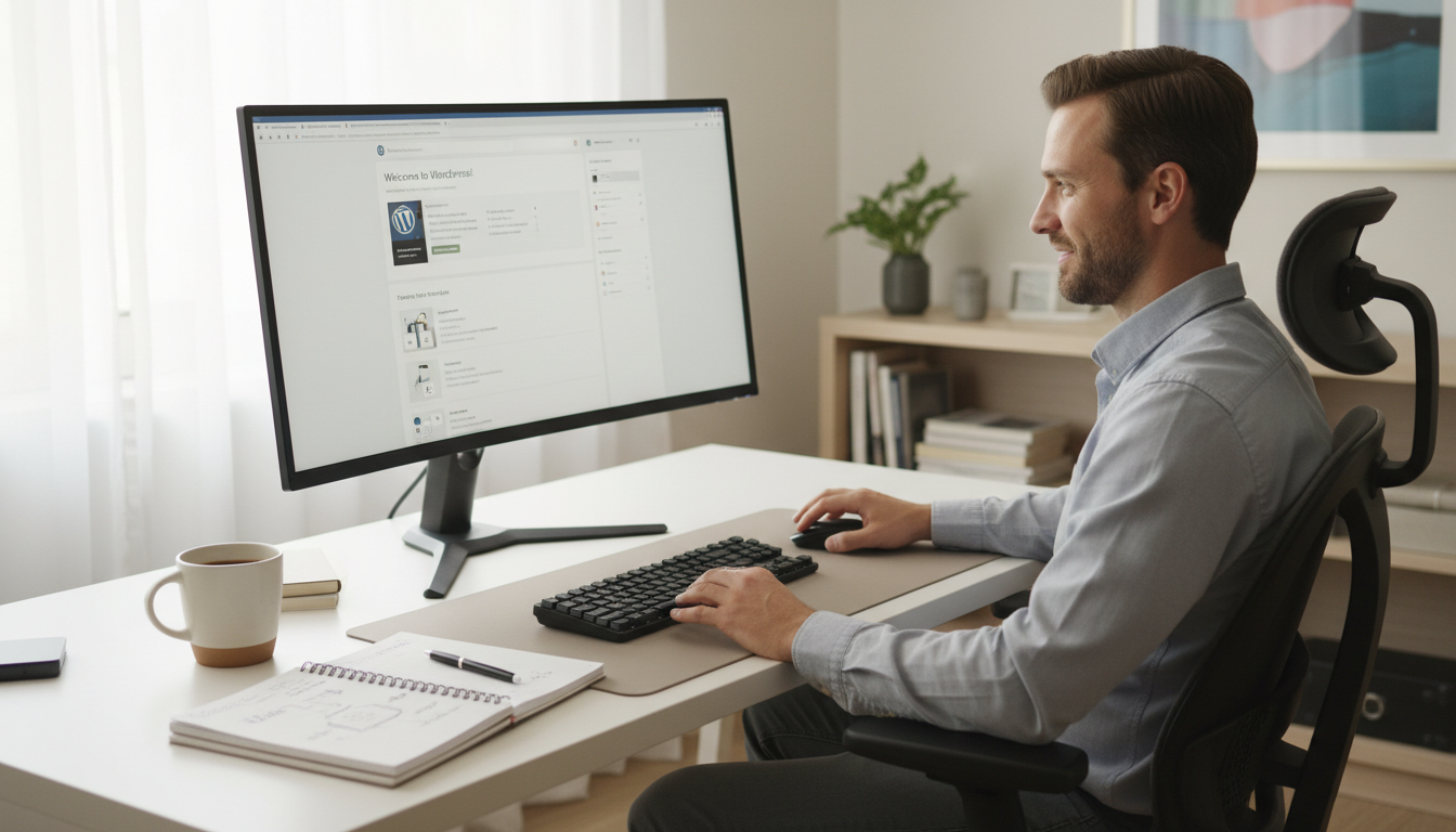 Pessoa otimizando site WordPress com checklist de pós-instalação