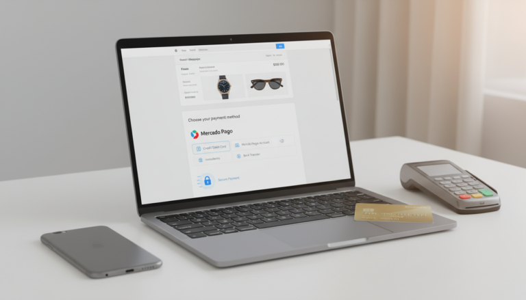 Tela de checkout do WooCommerce com o plugin Mercado Pago 8.7.14, mostrando opções de pagamento e um ambiente seguro.