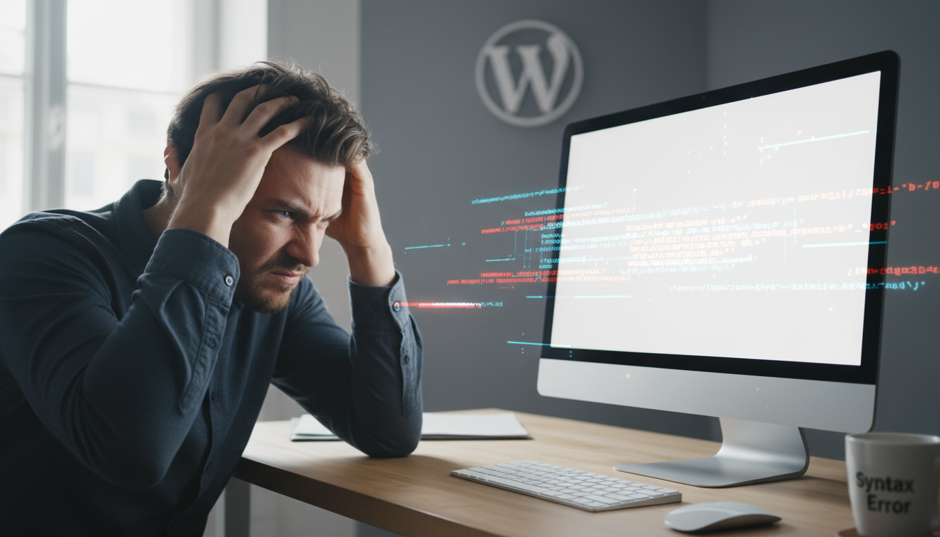 Homem olhando para tela branca no computador, erro WordPress, solução de problemas de site