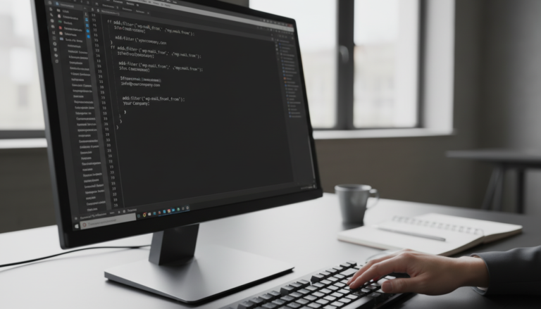 Tela de computador com snippets de código para alterar o remetente de e-mail