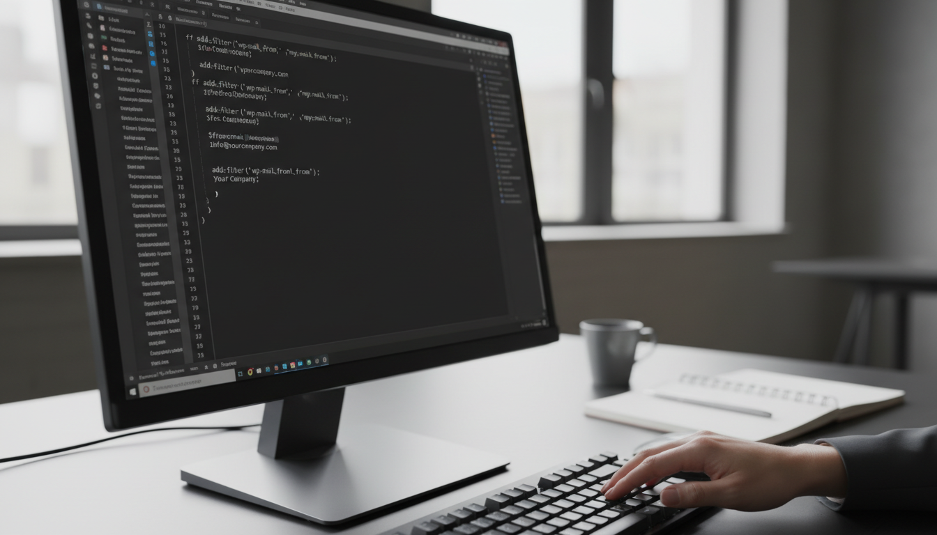Tela de computador com snippets de código para alterar o remetente de e-mail