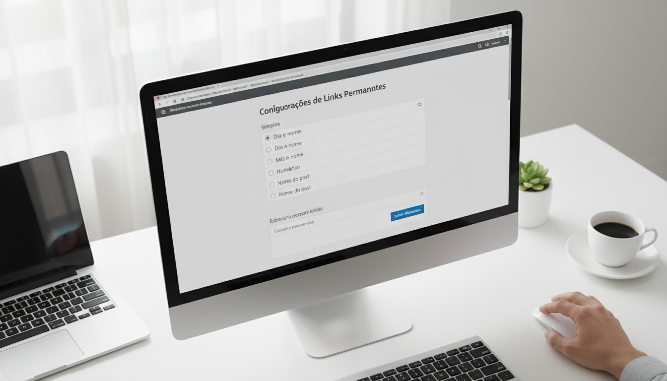 Página de configurações de permalinks do WordPress com a estrutura 'Nome do Post' destacada