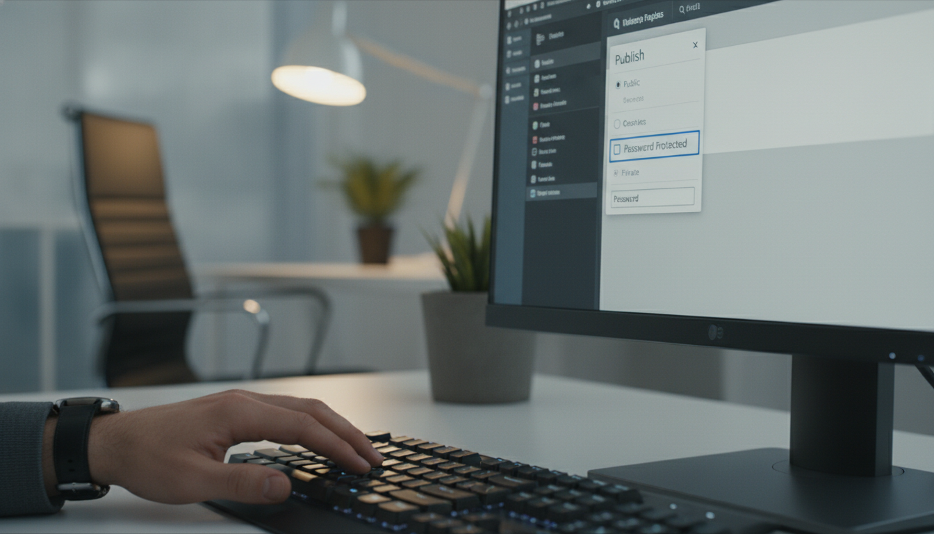 Tela do WordPress com opção 'Protegido por Senha' selecionada para segurança de conteúdo