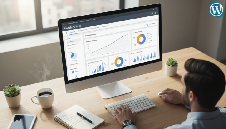 Dashboard do Google AdSense com logo WordPress e gráficos de monetização
