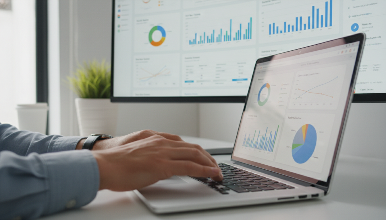 Pessoa integrando Google Analytics no WordPress, dashboard de análise de dados, monitoramento de site