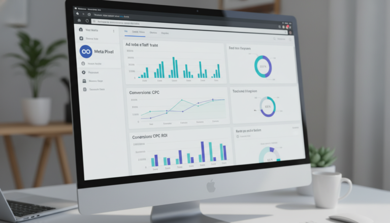 Dashboard WordPress com ícone do Meta Pixel 5.0.0 e gráficos de desempenho de campanhas de marketing digital