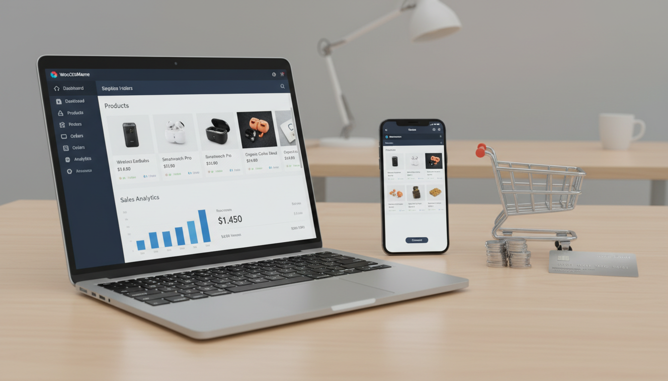 Painel do WooCommerce em um laptop com elementos de e-commerce e pagamentos