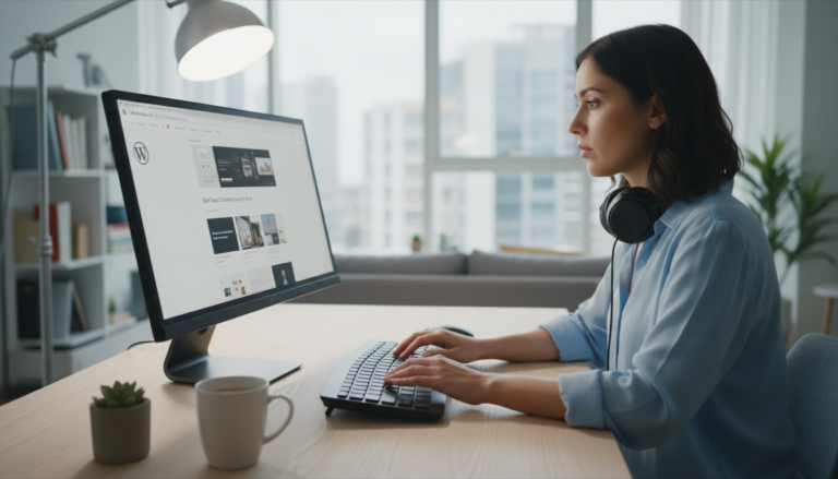 Pessoa configurando um blog WordPress em um notebook, guia para iniciantes