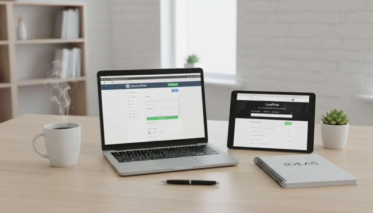 Dashboard WordPress com plugin de diretório, tablet com site de diretório, mesa de trabalho organizada, usando WordPress para criar diretório online