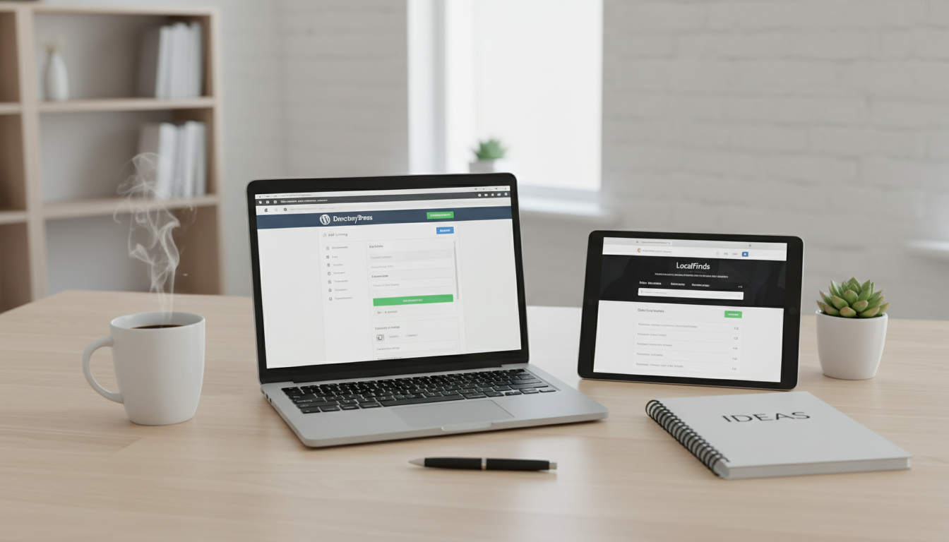 Dashboard WordPress com plugin de diretório, tablet com site de diretório, mesa de trabalho organizada, usando WordPress para criar diretório online