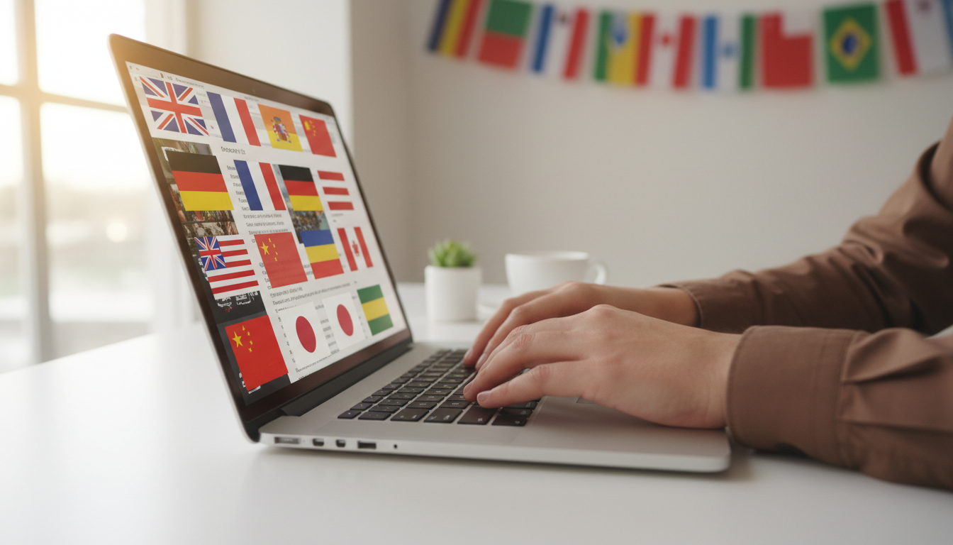 Mãos digitando em laptop com bandeiras de idiomas na tela, representando um site multilíngue WordPress WPML