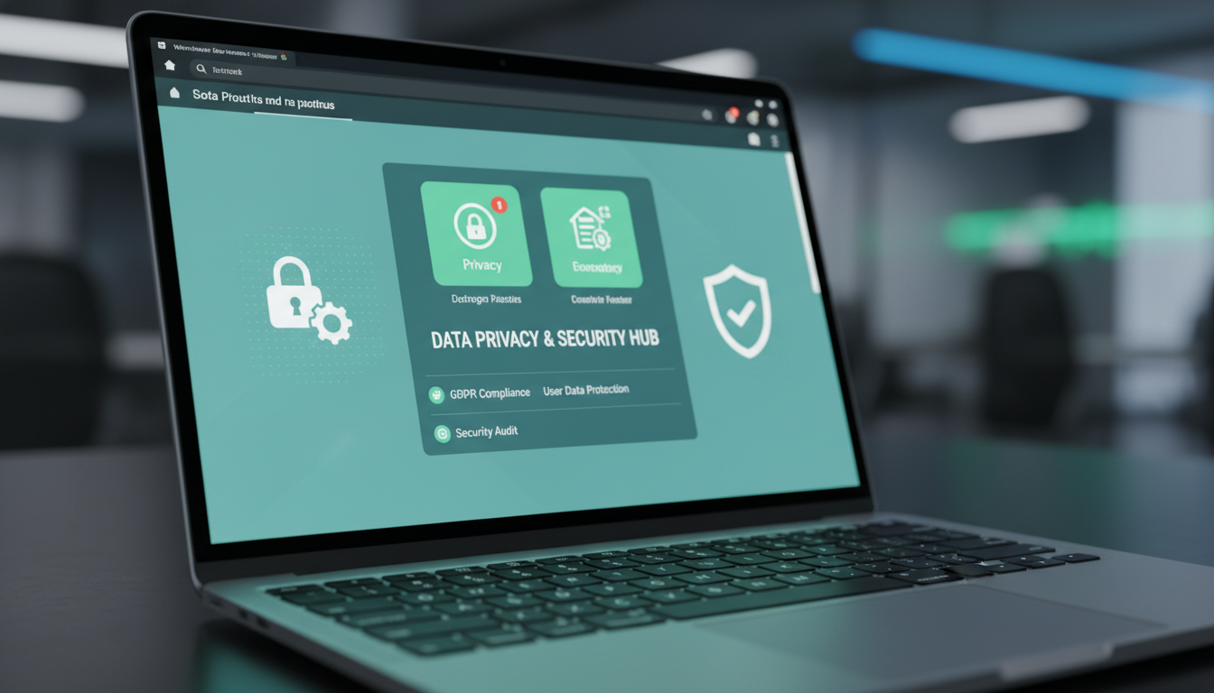 Tela de laptop exibindo painel WordPress com ícones de privacidade GDPR e segurança, simbolizando conformidade de temas.