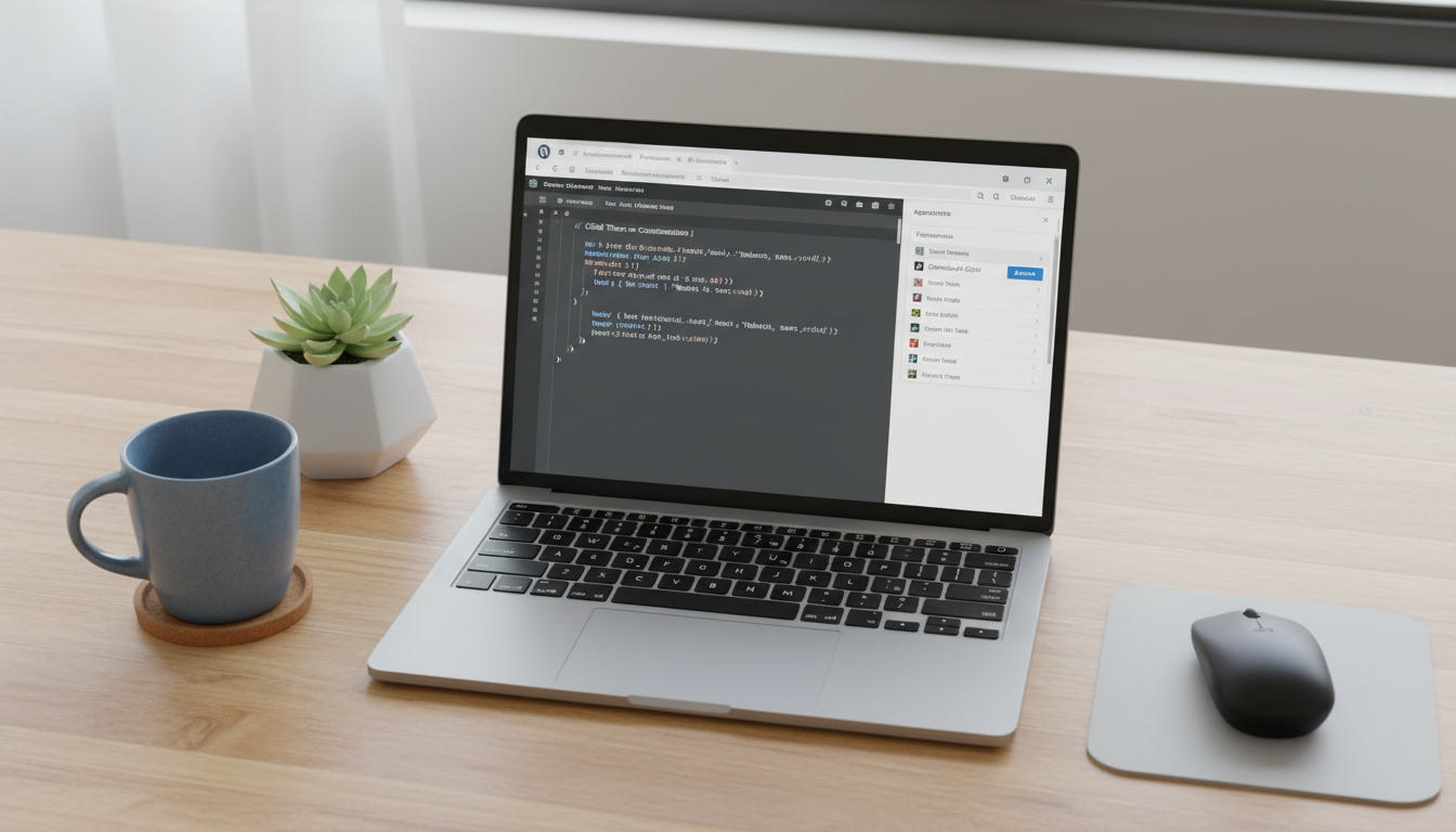 Desenvolvedor ativando tema filho WordPress no painel de controle em um ambiente de trabalho moderno e organizado com código visível