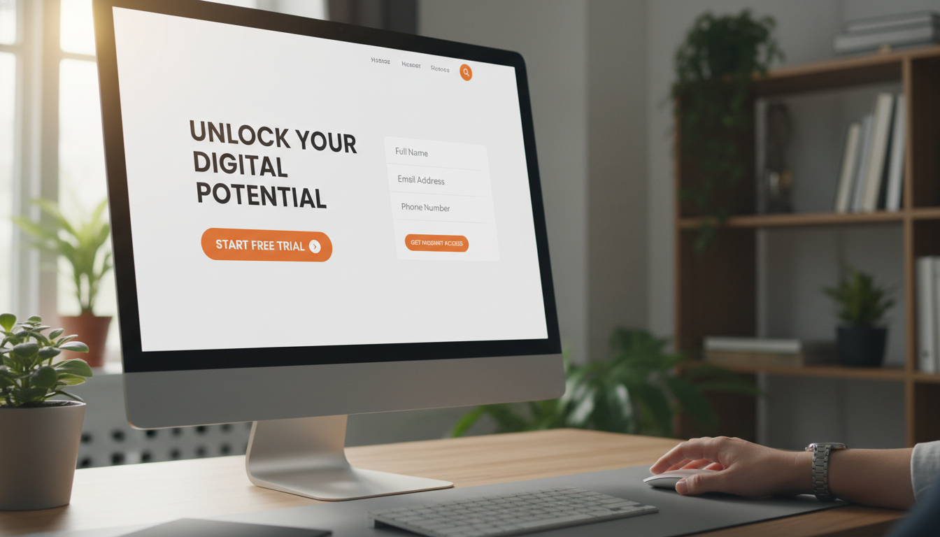 Landing page profissional sendo desenvolvida no WordPress com Elementor, mostrando um formulário e um botão de CTA.