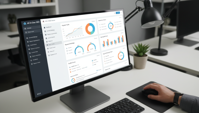 Tela do All in One SEO 4.9.5 com métricas de SEO e novas ferramentas